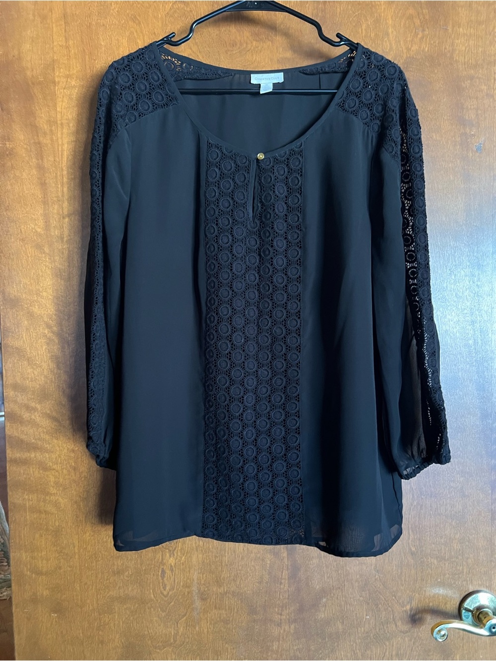 Charter Club Black Crochet Lace Panel Blouse